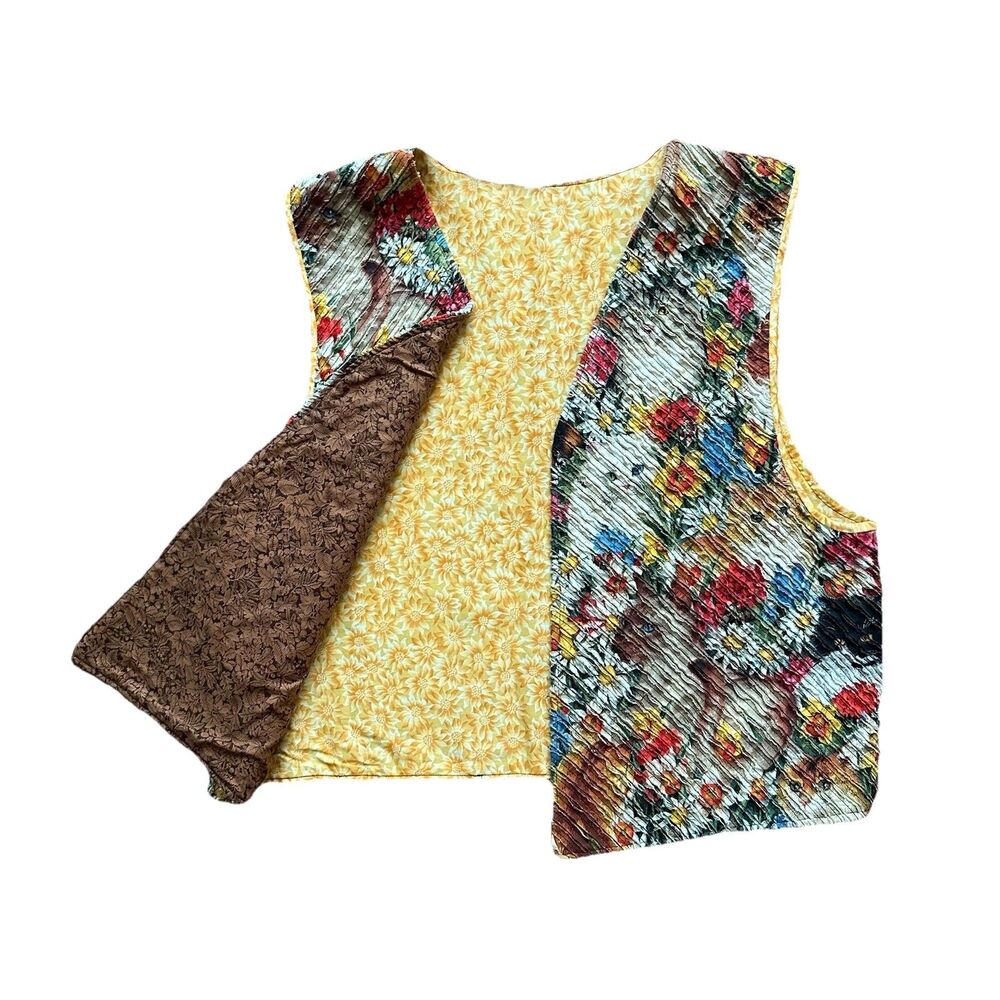 Reversible Vest Women’s One Size Cats Floral Textured Grannycore Cat Lady Quirky